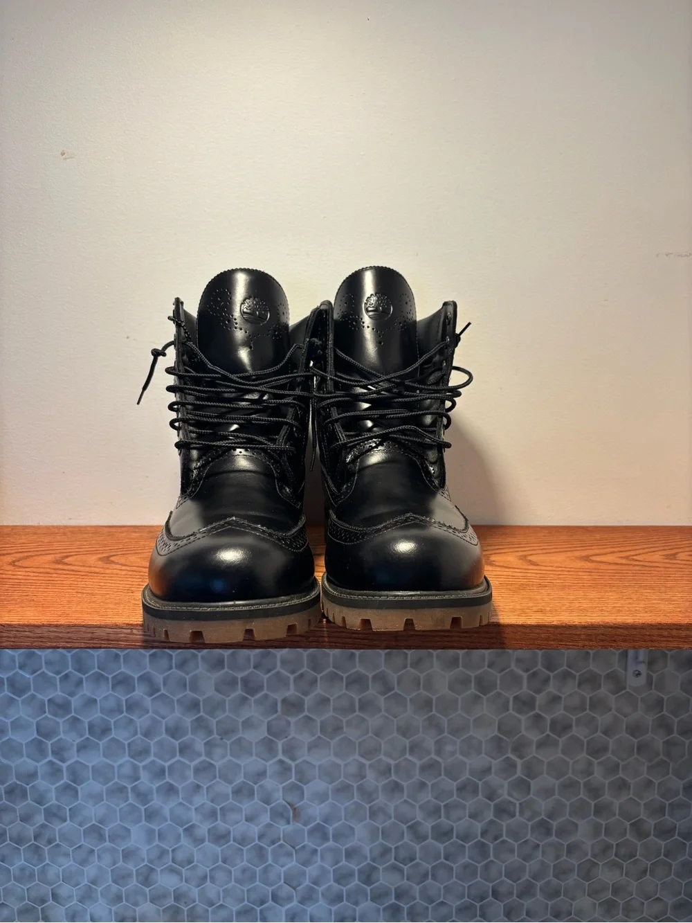 Timberland Men’s Black Leather Wingtip Boots. Never worn only laced them up!